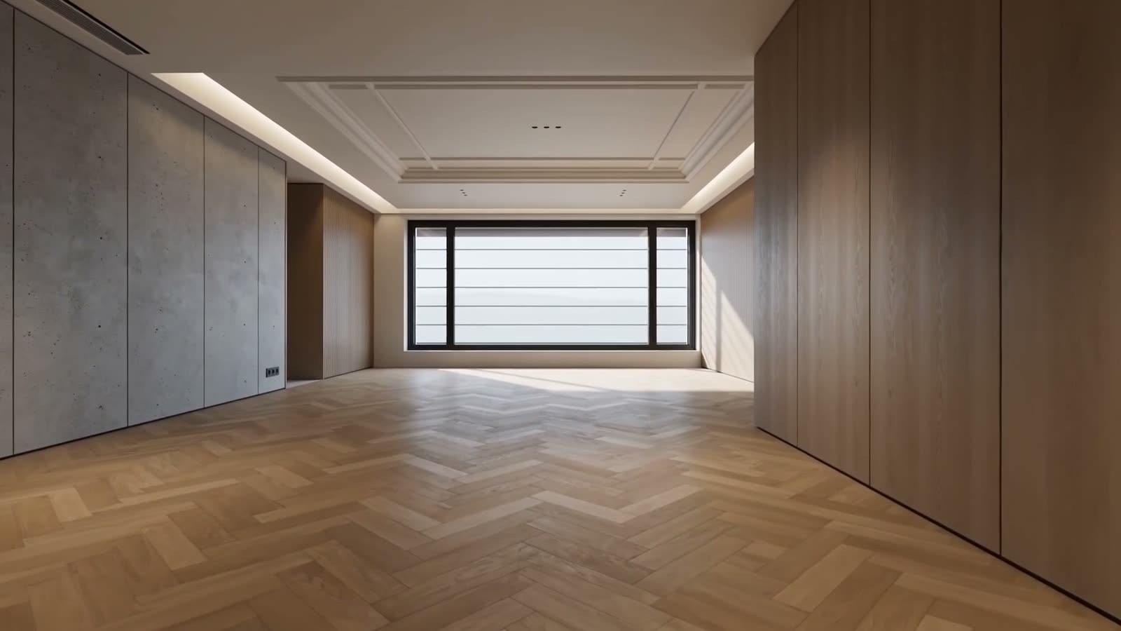 Visualisierung eines Innenraums mit Parkett und gestalteten Wand- und Deckenflächen